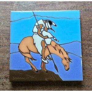 VTG Earthtones L Kuhne Signed End Of The Trail Platter Tile Art Native American